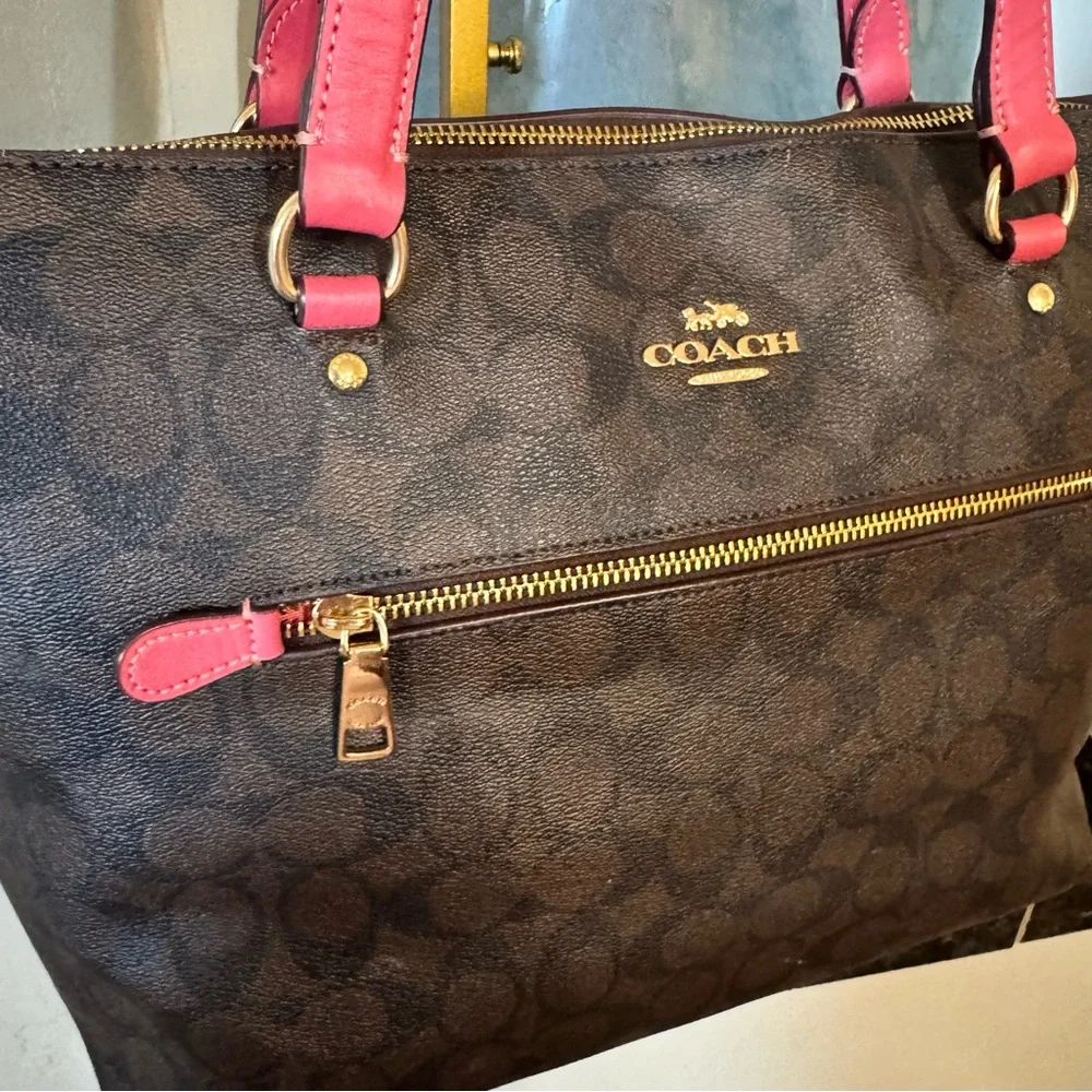 Coach Signature Brown Tote with Pink Trim
